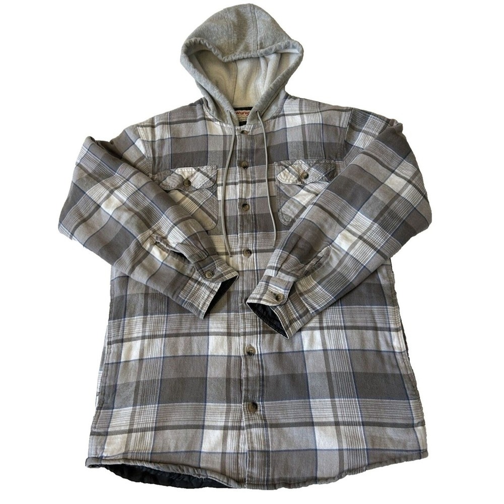 Wrangler Authentics Flannel Hooded Insulated Button-Up Shacket Sz S Gray Plaid